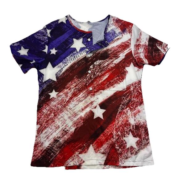 American Flag Shirt Buttons Pocket Printed USA Patriotic Size Large Lightweight - Picture 1 of 7